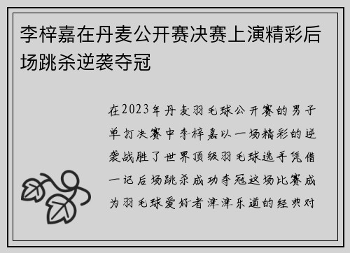 李梓嘉在丹麦公开赛决赛上演精彩后场跳杀逆袭夺冠